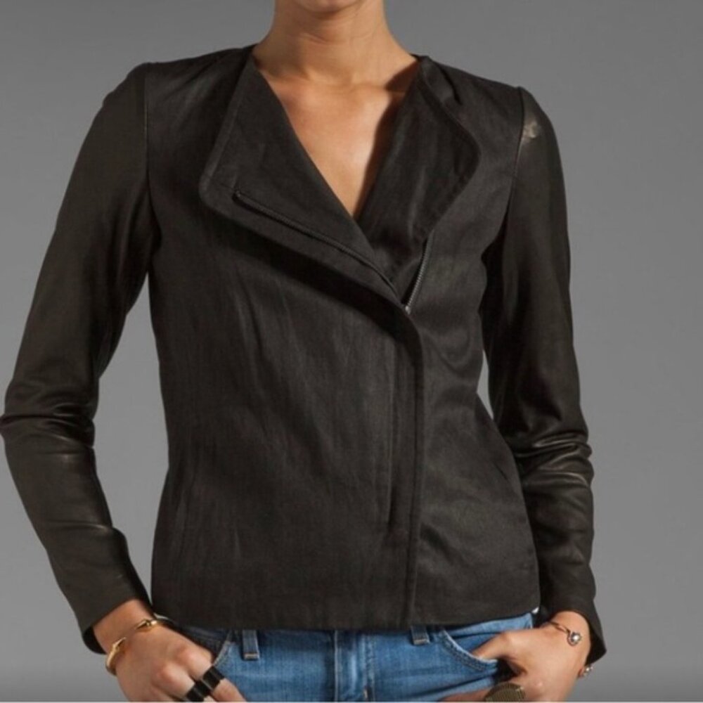 Vince Women's Long Sleeve Asymmetrical Jacket Black Leather and Linen Size 4